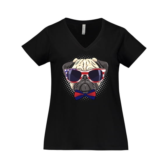 Inktastic Pug Dog July 4th Patriotic Sunglasses Women's Plus Size V-Neck T-Shirt
