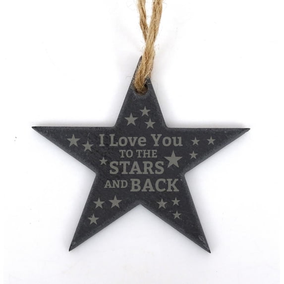 Darling Souvenir MADE WITH LOVE I Love To The Stars And Back Engraved Star Slate Hanging Christmas Tree Ornament with String Personalized Message Gift.