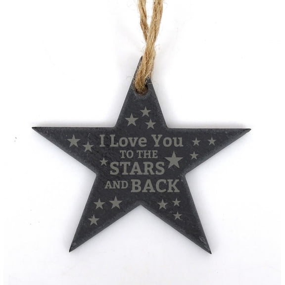 Darling Souvenir MADE WITH LOVE I Love To The Stars And Back Engraved Star Slate Hanging Christmas Tree Ornament with String Personalized Message Gift.