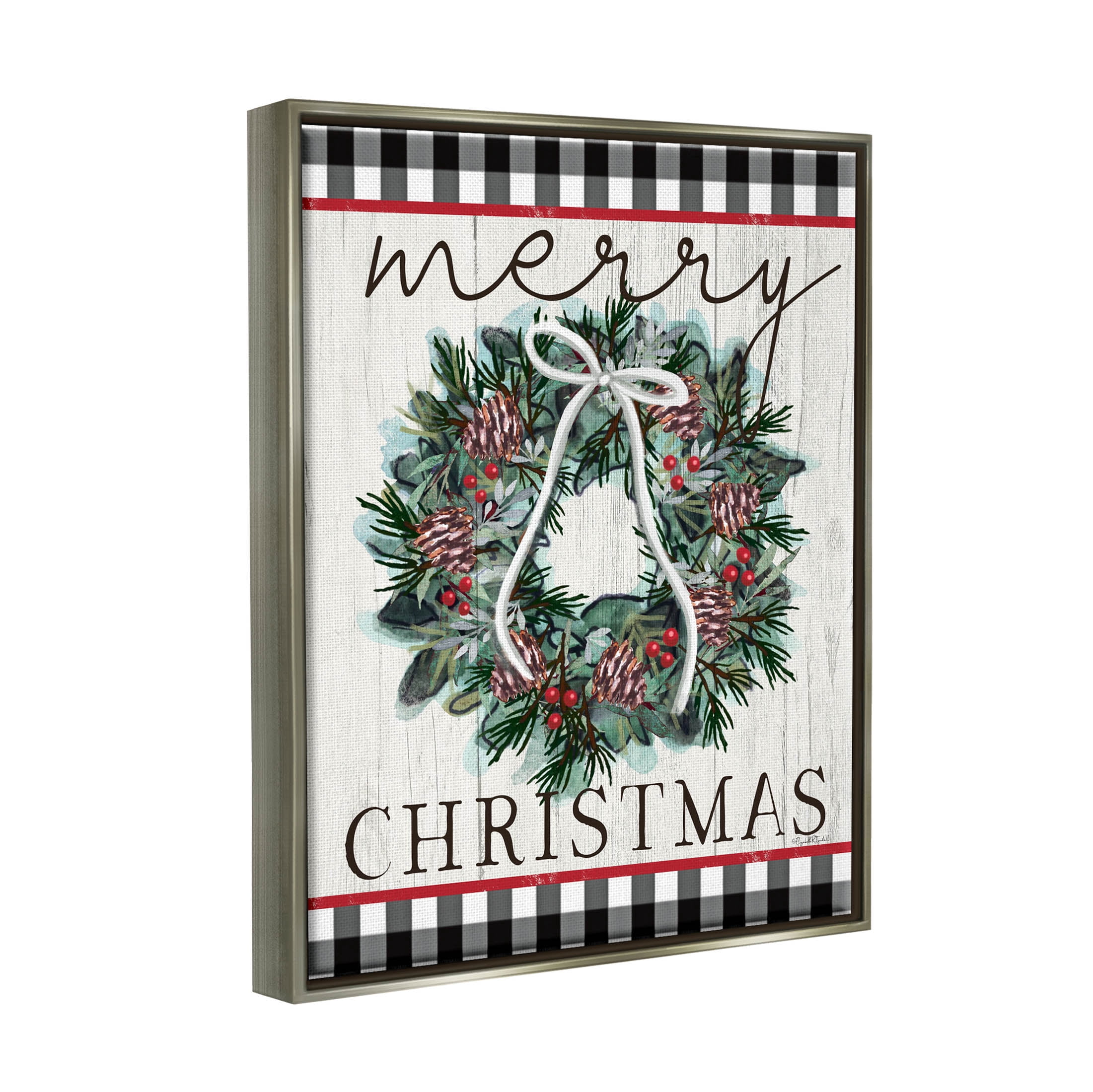 Stupell Industries Merry Christmas Tartan Wreath Graphic Art Luster Gray Floating Framed Canvas Print Wall Art, Design by Elizabeth Tyndall