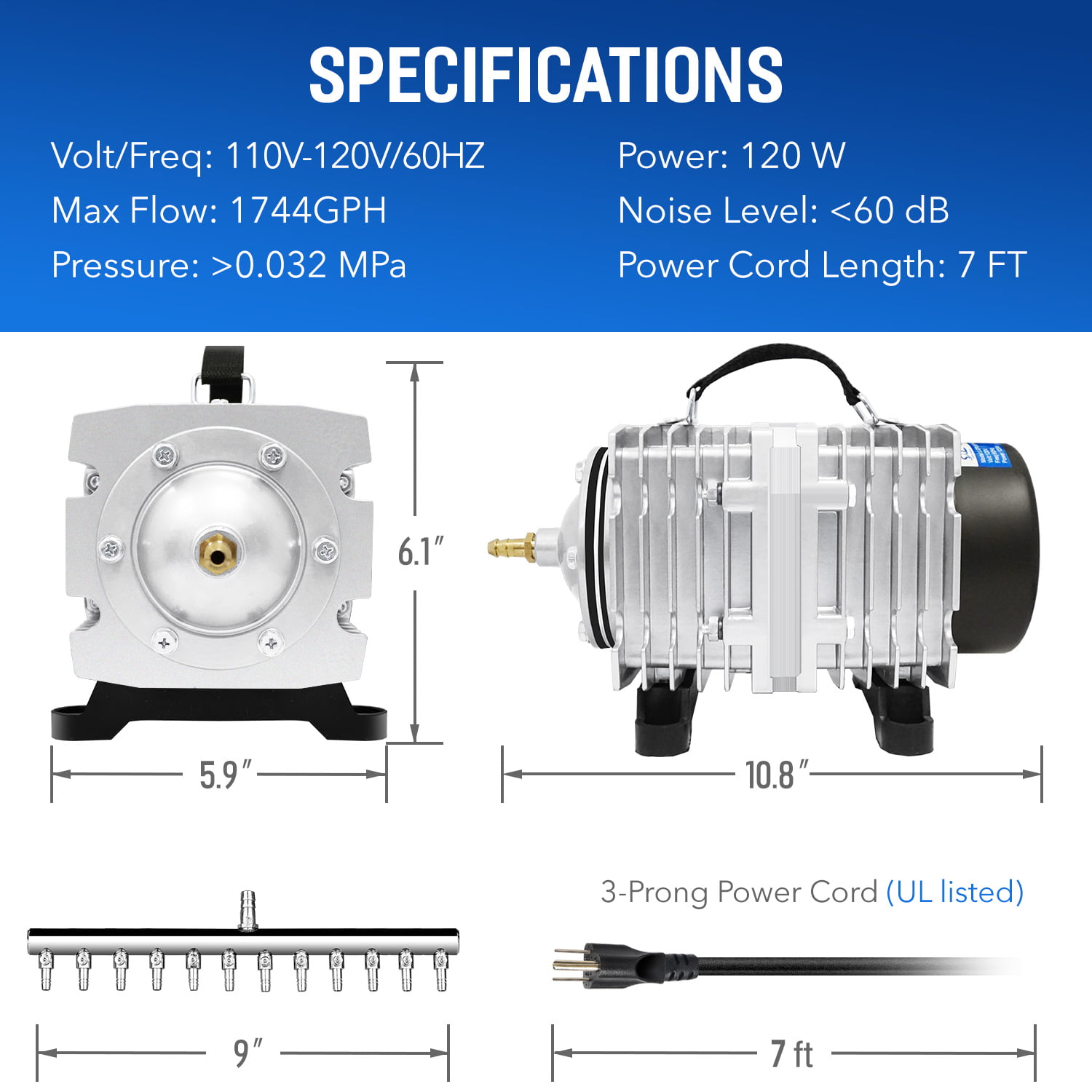 Simple Deluxe 75 L/min 1189GPH Commercial Air Pump for Aquarium and Hydroponics 