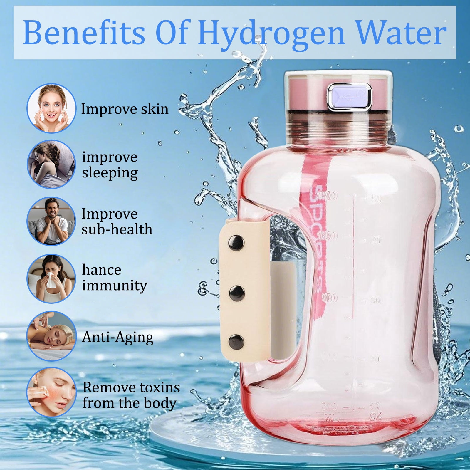 50oz Hydrogen Water Bottle, 1.5L Portable Sports Ionizer with Handle and Shoulder Strap
