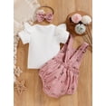 thumbnail image 4 of Biekopu Infant Baby Girl Summer Clothes, Solid Color Fly Sleeve Round Neck Tops + Flower Pattern Suspender Jumpsuit + Bow Headband, 4 of 9