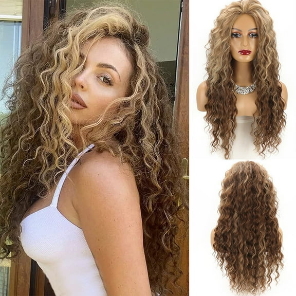 Mictong 26 inch long curly hair wig, synthetic wig, naturally fluffy and long wig, fashionable natural rubber free wig, soft high-temperature silk curly hair wig, 1 piece, Golden brown