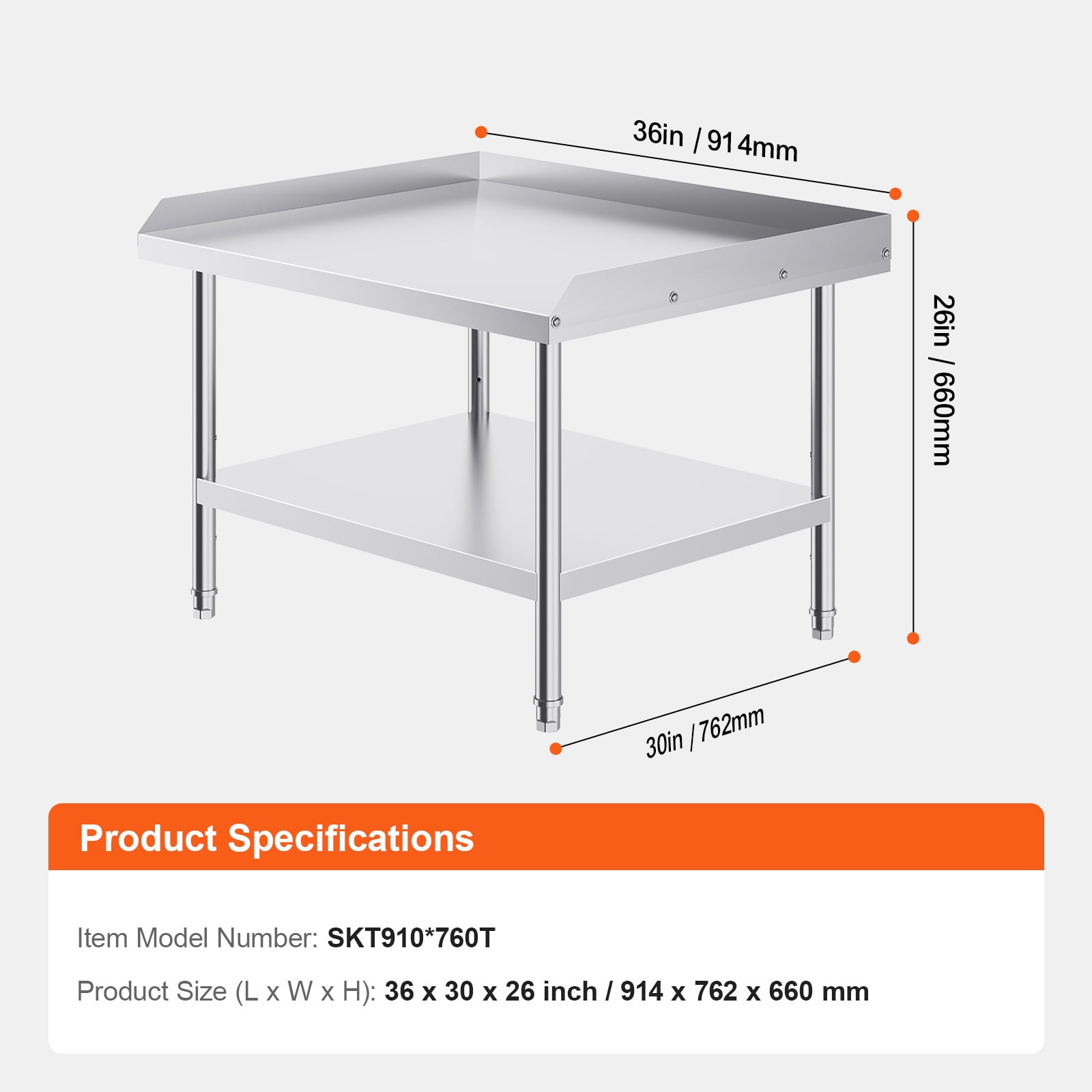 Stainless Steel Work Table, 30 x 36 x 26 Inch Commercial Food Prep Worktable, 3-Sided Backsplash Heavy Duty Prep Worktable, Metal Work Table with Adjustable Height for Restaurant Home Hotel