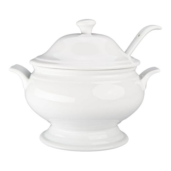 Soup Tureen Set, 3-Piece Porcelain - 3.5 Qt Soup Bowl with Lid & Ladle, Microwave Safe Dinnerware for Serving Stews, Chili, Holiday Meals