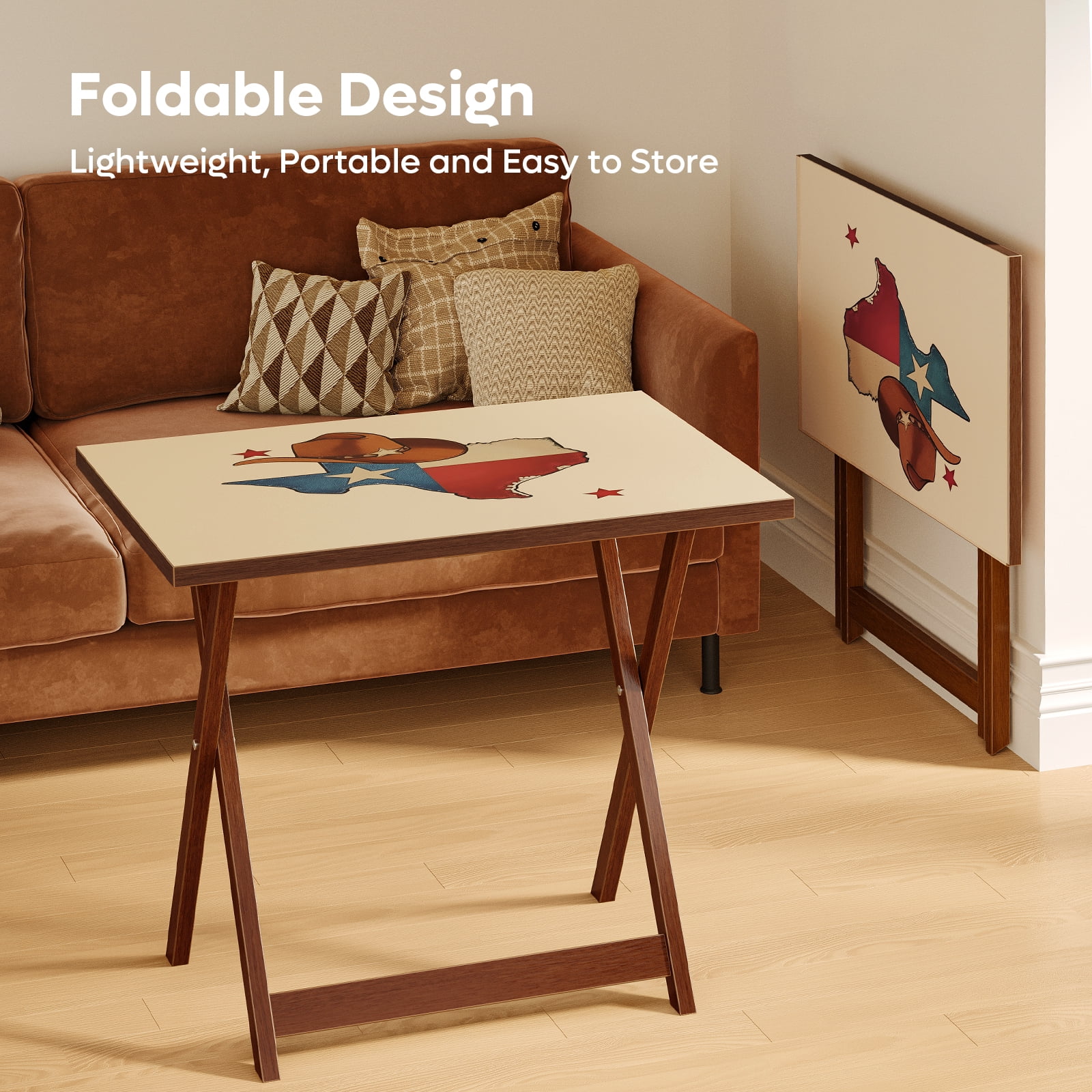 (4 pack) Bestier Texas Theme Folding TV Tray Table,No Assembly Needed,Bedside Tables with Light Weight,XL Size,Daily Use,23.6" L x 17.7" W x 26" H,Walnut
