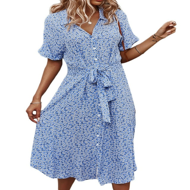 Femmes Midi Habillé Floral Bouton Up Split Robe V Cou Manches Courtes Été Plage Partie une Ligne Robe Jaune M