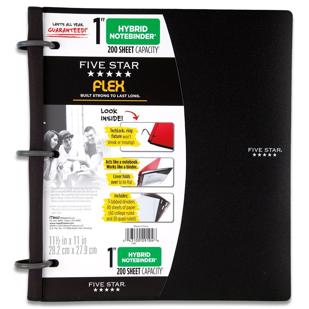 Notebook and 3 Ring Binder All-in-One Five Star Flex Hybrid NoteBinder Black 1 Inch Binder with Tabs 72009 - New 