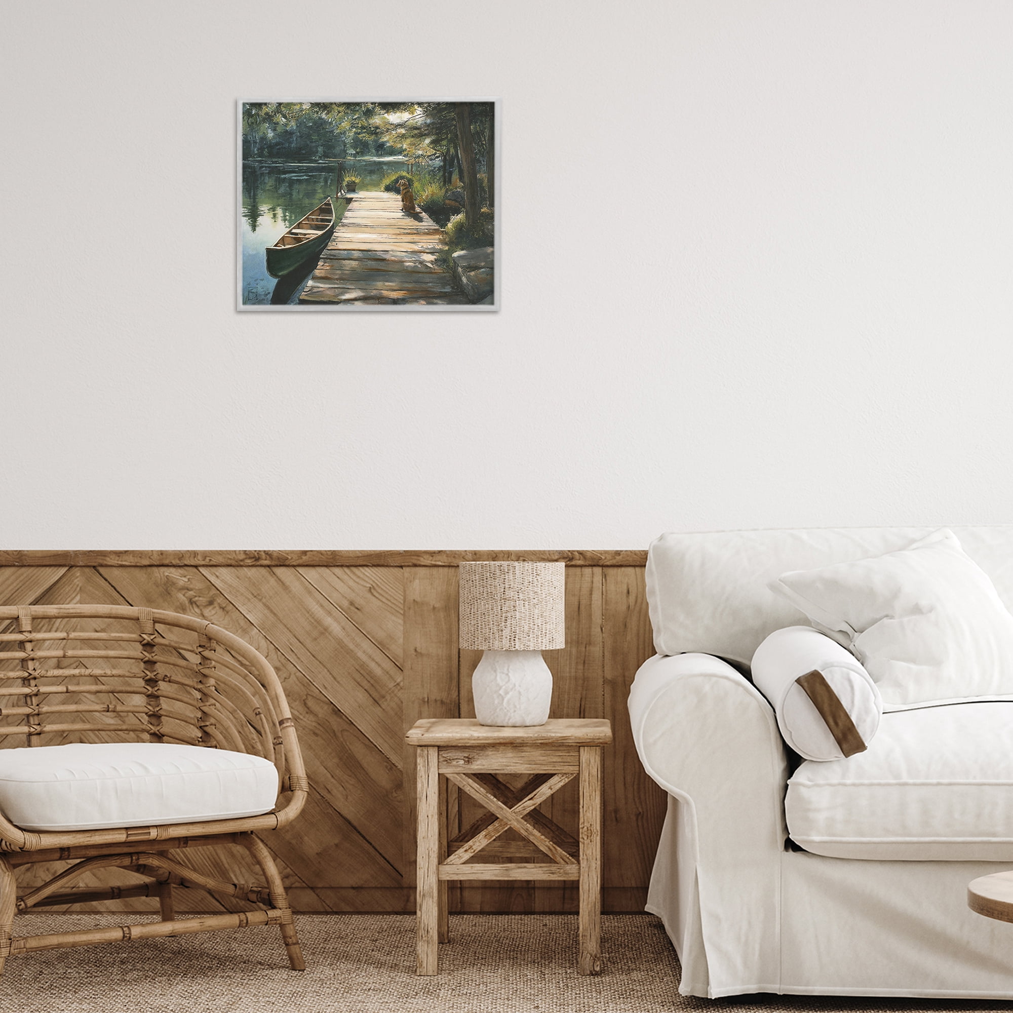 Lake Life Dog on Dock Gray Framed Giclee Art, design by Sara Culpepper