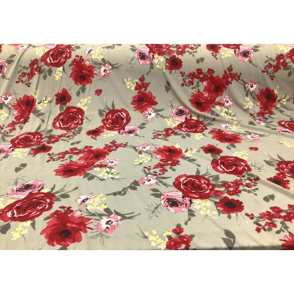 Printed DTY Spandex Stretch Apparel Fabric Tan Red Pink Yellow Floral I222