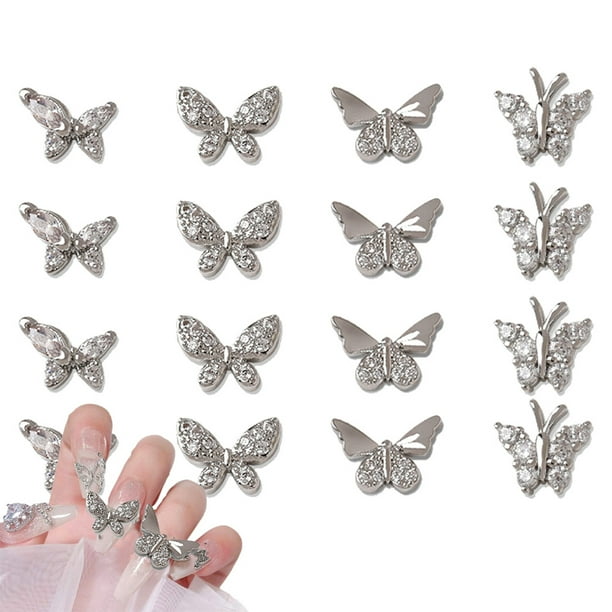 Adornos de mariposa plateada 3D para uñas, 12 piezas de aleación con forma de mariposa, brillantes cristales de circonita para decoración de uñas, accesorios para decoración de uñas.
