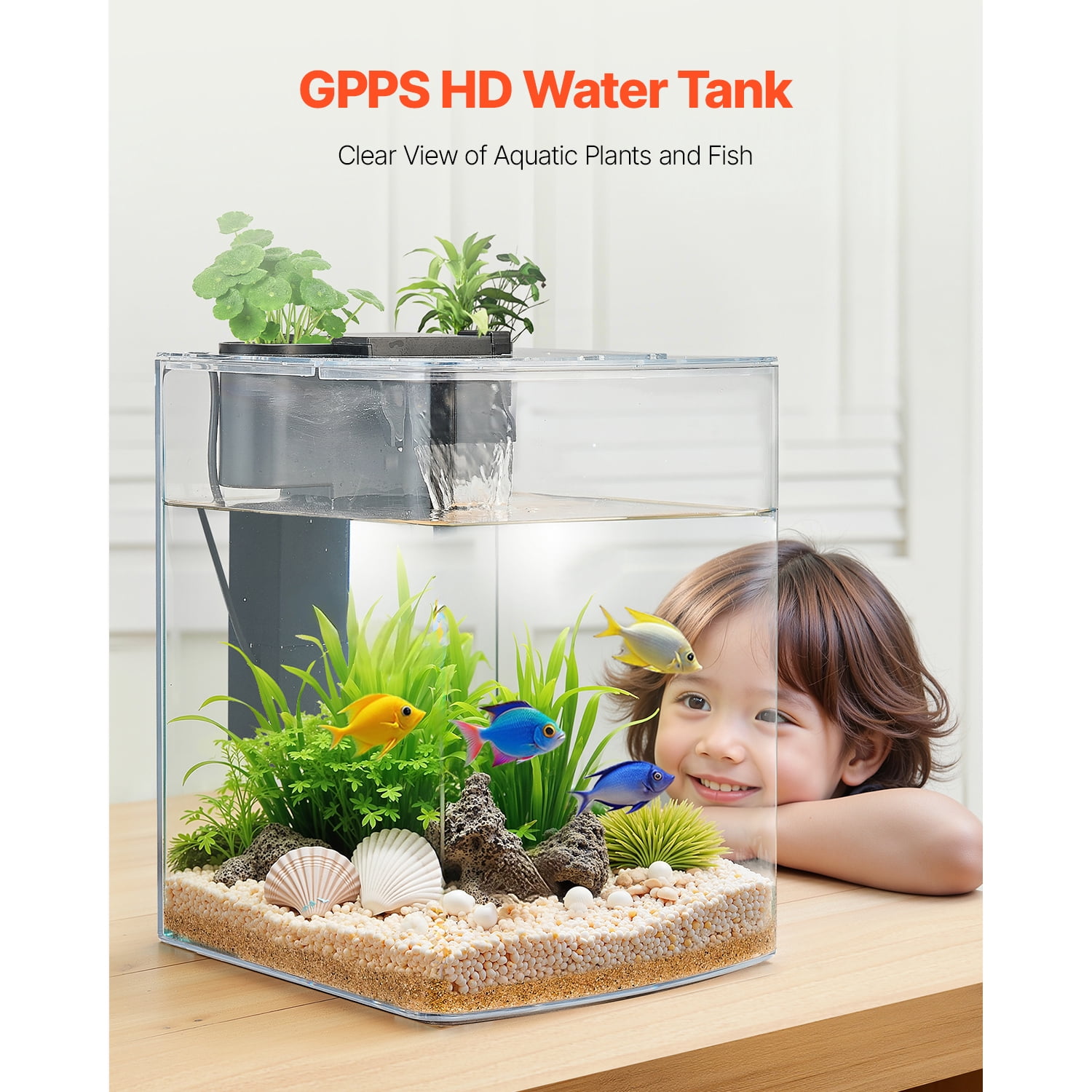 KFFKFF 2-Gallon Arch Aquarium with Ultra-Clear GPPS, Adjustable 3-Color Lighting, and Self-Cleaning System for Freshwater or Saltwater Fish in Home, Office, or Pet Environments