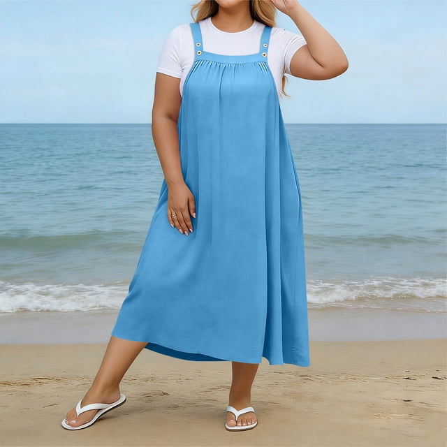 XiYing Robes Décontractées pour Femmes, Robe Maxi Décontractée de Mode pour Femmes Grande Taille à Encolure Carrée avec Boutons, Bretelles, Dos Plissé et Détails de Buste,