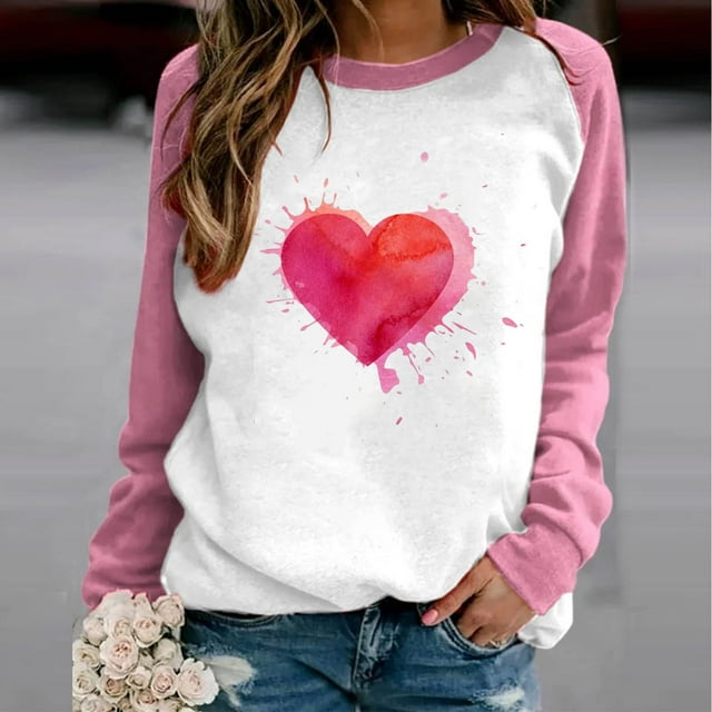 Yuyuzo Valentines Sweatshirt for Women Crewneck Color Block Pullover Tops Cute Heart Graphic Long Sleeve Shirts