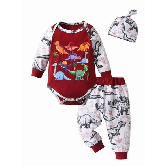 Newborn Baby Boy Clothes Long Sleeve Animal Style Romper Dinosaur Long Pants with Hat Outfits Set Red