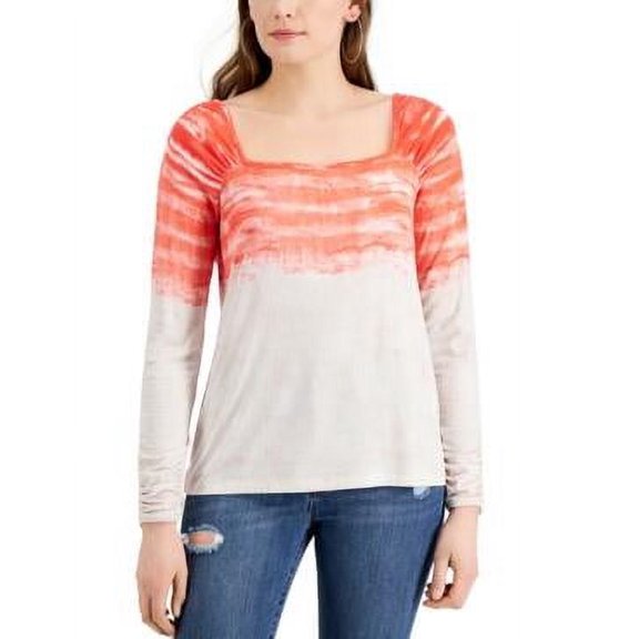 MSRP $40 Fever Tie-Dyed Square-Neck Ribbed Knit Top Red Size Small