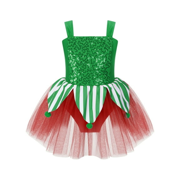 TiaoBug Kids Girls Sequins Sleeveless Ballet Leotard Tutu Dress Christmas Party Dress Up Elf Leotard Green 10