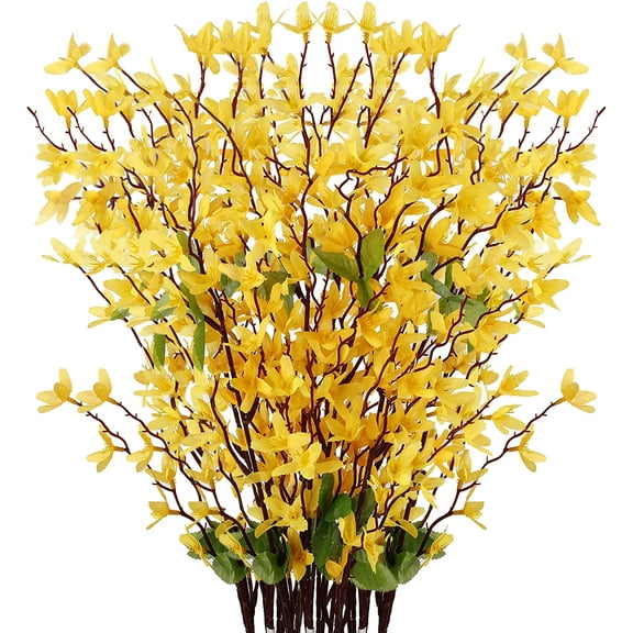 LONGRV 12Pack Artificial Silk Forsythia Flower for Front Door Fake Jasmine Flowers Home Party Wedding Day Simulation Wall Decoration Yellow
