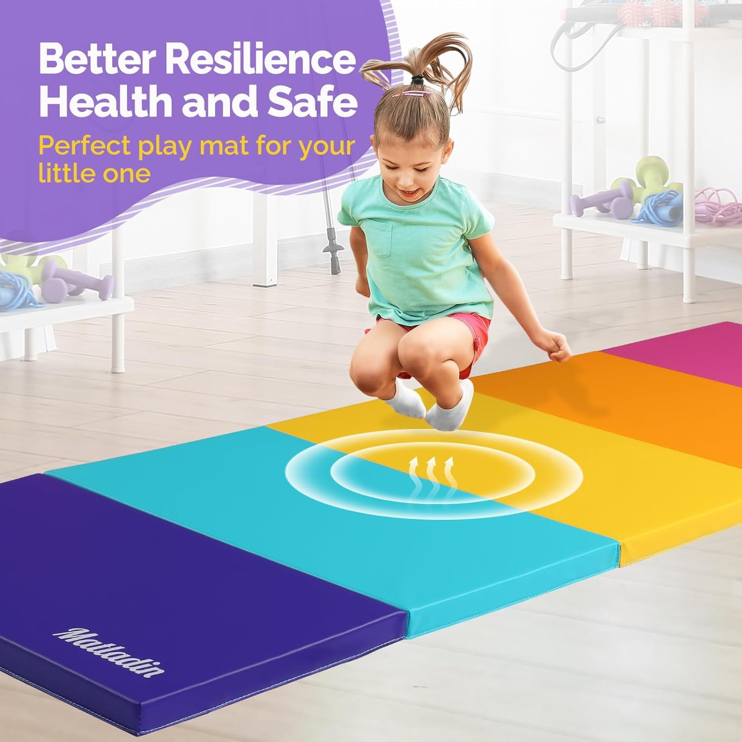 Matladin 1.5" Thick 5-Folding Gymnastics Mat, 6.3'x2.5', Multi-Color Exercise Mat with Handles