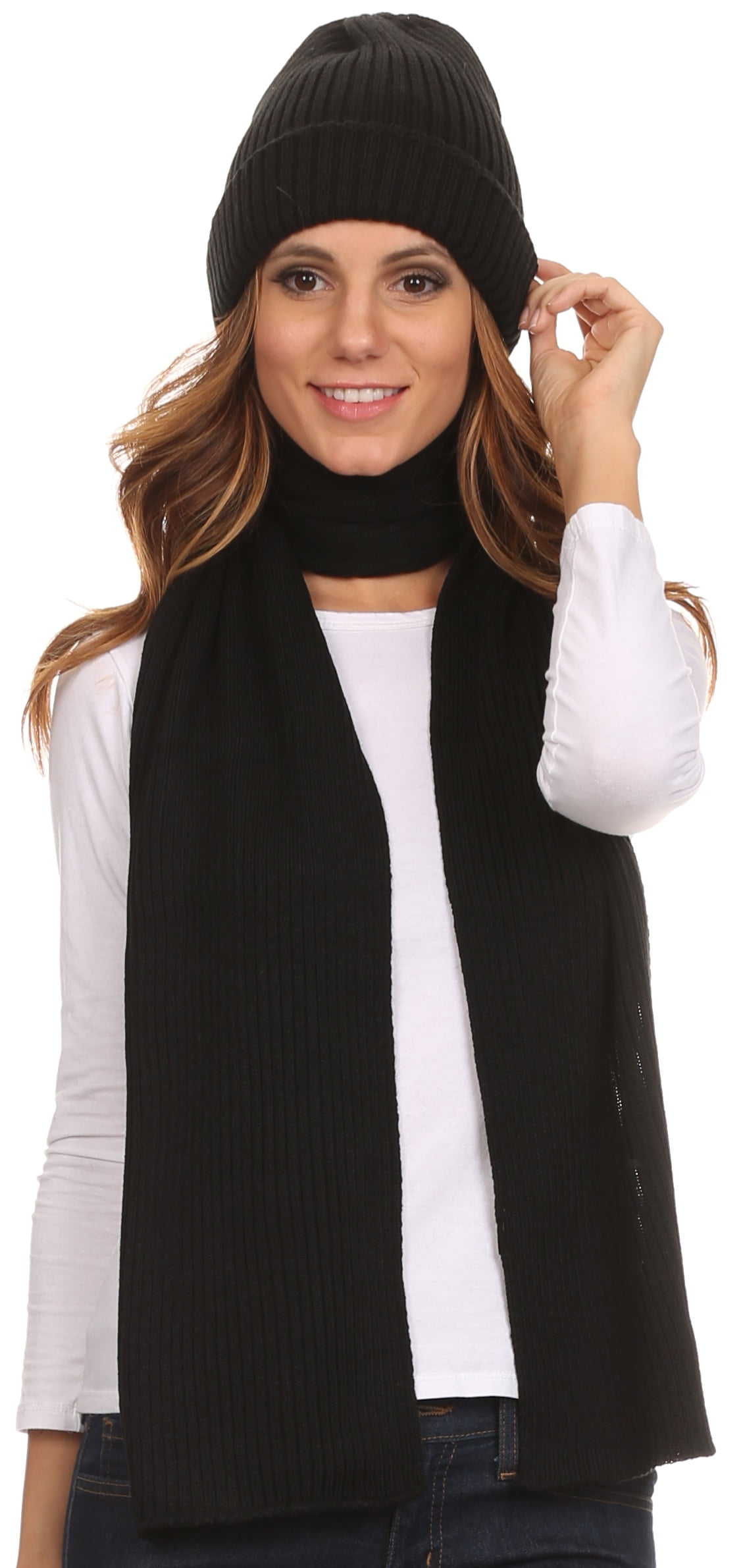 Sakkas Aldis Unisex Ribbed Knit Beanie Hat And Scarf Set Black OS