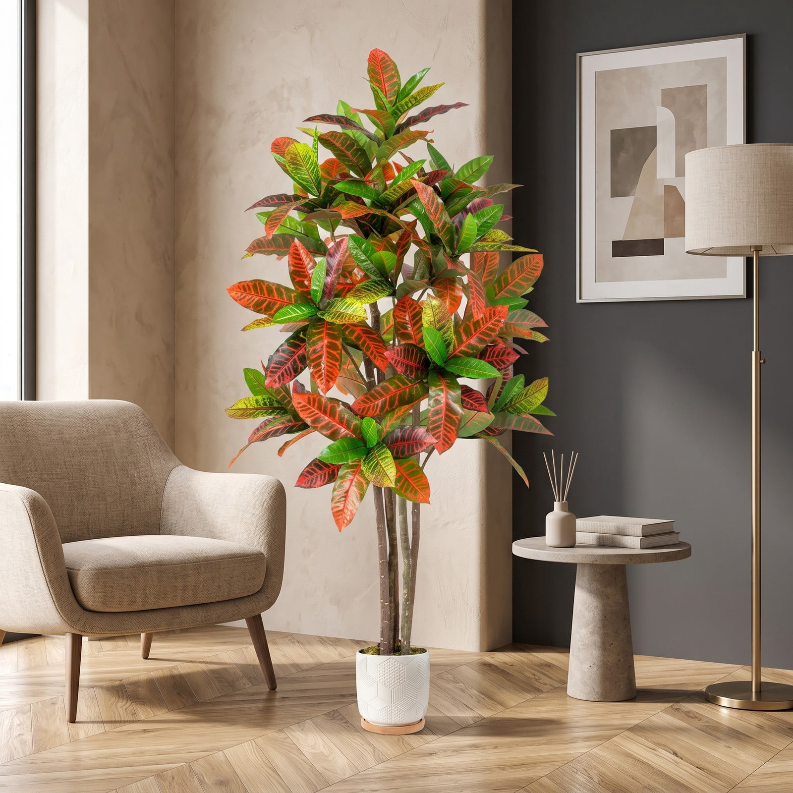 ALPULON 5 FT Tall Artificial Croton Plant with Gradient Leaves and Nursery Pot, Faux Silk Tree for Indoor Home Office Decor, 2 Pack, Multicolor