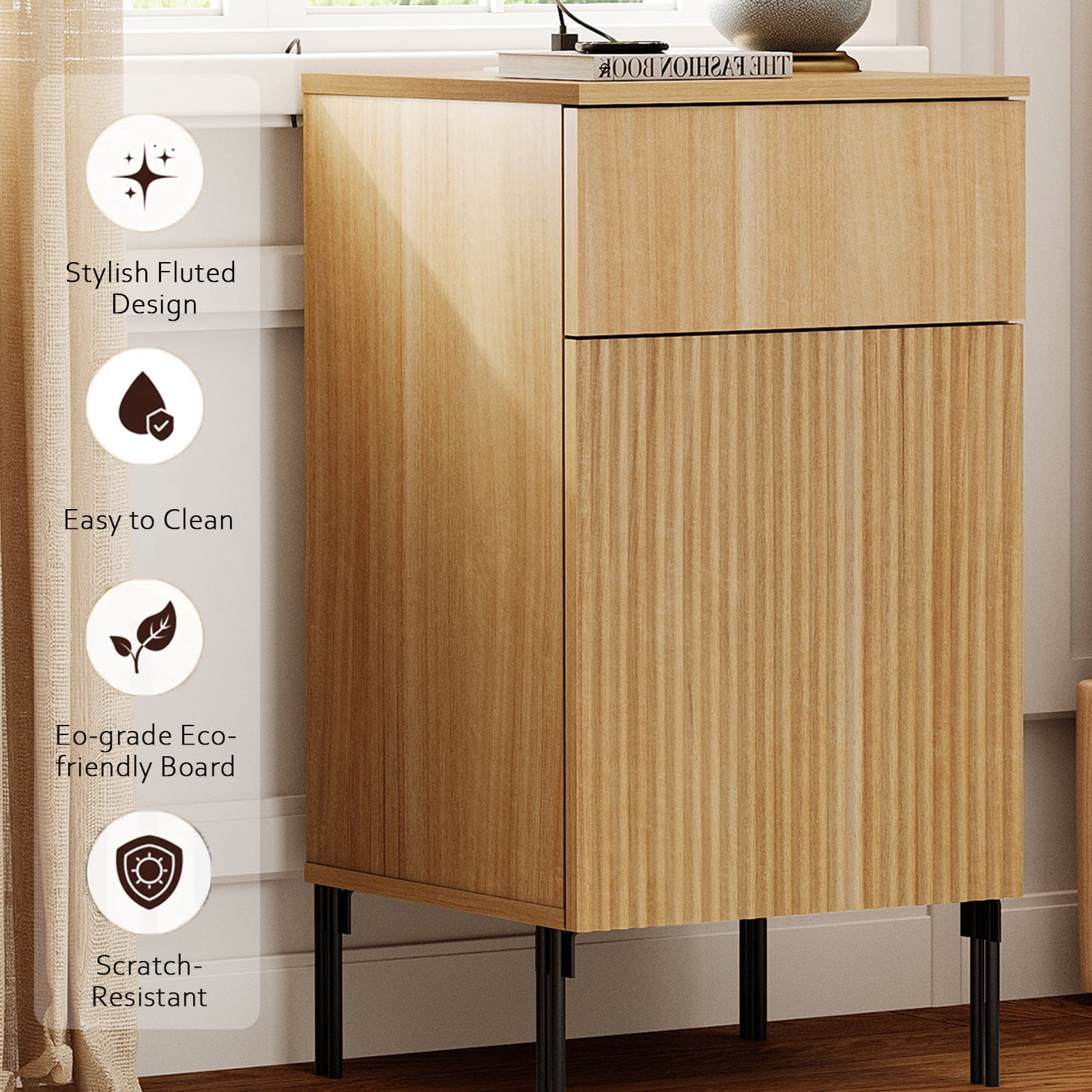 WAMPAT 94.5" Sideboard Cabinet with 7 Drawers and 2 Doors, Modern Fluted Credenza with Charging Station, Push-to-Open Storage Cabinet for Dining Room, Living Room