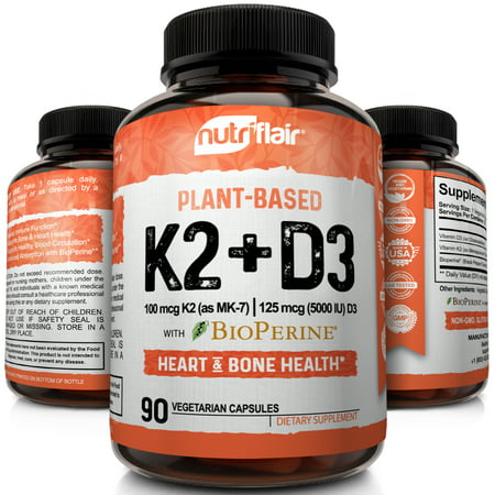 NutriFlair Vitamin K2 (MK7) + D3 5000 IU Supplement with BioPerine Black Pepper - Supports Stronger Bones, Heart Health & Immune System, 90 Veggie (Best Vitamin D3 5000)