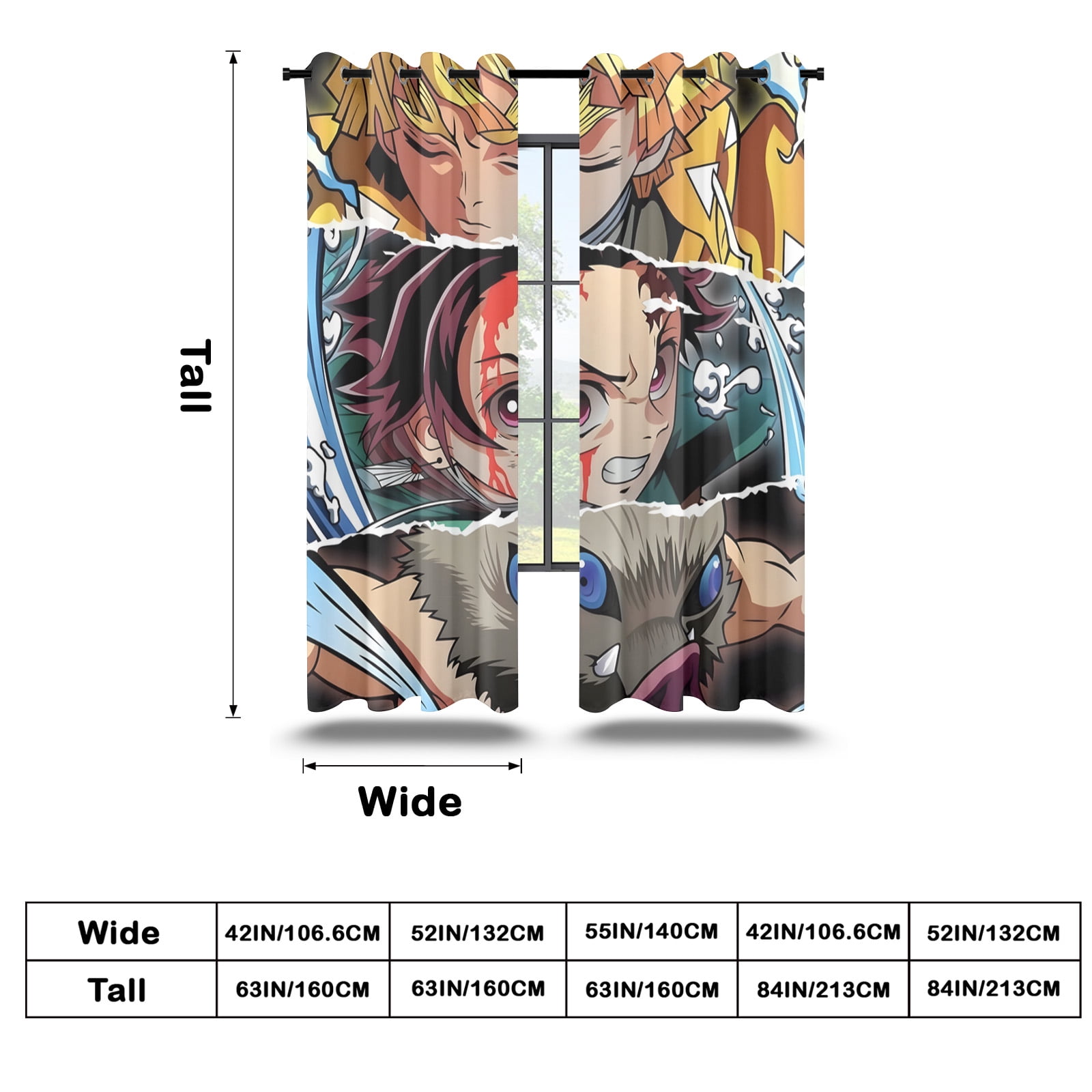Anime Curtains for Bedroom Drapes Slayer Tanjirou Inosuke Kyoujurou Print Design Window Treatments Curtain Panel Set, 2-Panels, 55" W x 63" L