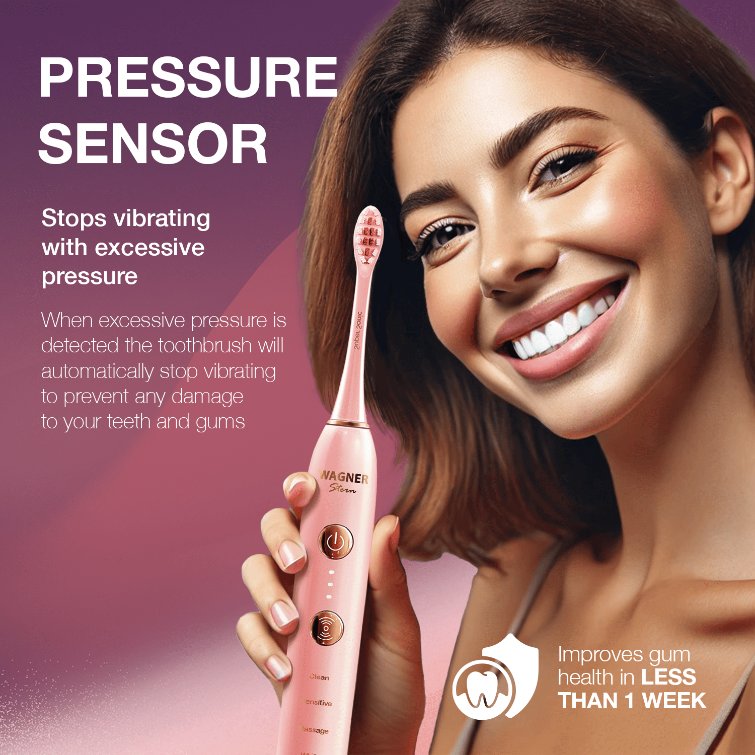 Wagner Stern WHITEN+ Edition. Smart Electric Toothbrush with Pressure Sensor. 5 Brushing Modes and 3 Intensity Levels, 8 Dupont Bristles, Premium Travel Case
