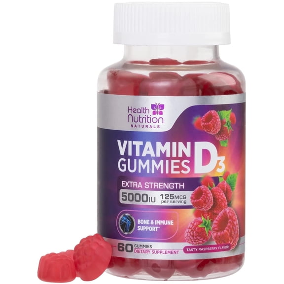 Vitamin D3 Gummies 5000 IU (125 mcg) - 3X Strength Immune Support and Bone Support, Vitamin D Gummy Dietary Supplement, Nature's Berry D Vitamin Supplement, Raspberry Flavored, Non-GMO - 60 Gummies