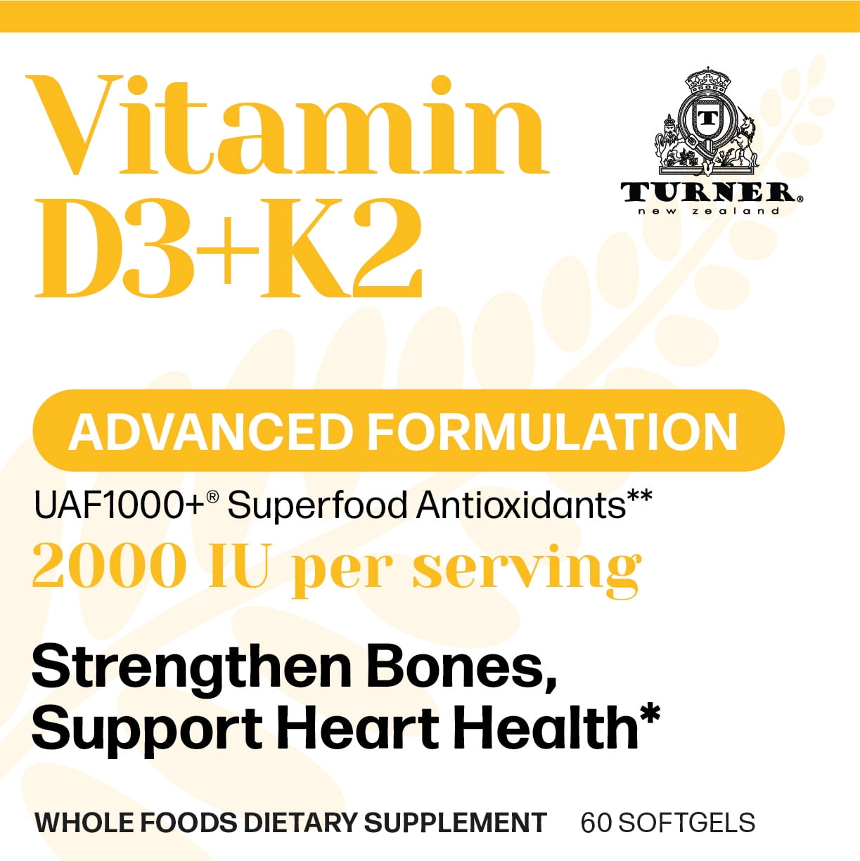 TURNER Grass-Fed Vitamin D3 and K2 Antioxidants Supplement, 5 Bottles, 300 Capsules