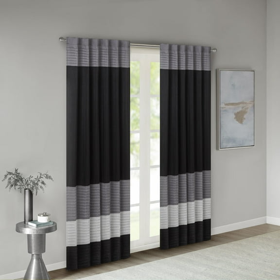 Madison Park Adult Stripes Pintuck Lined Curtain Panel, 50" x 84", Black
