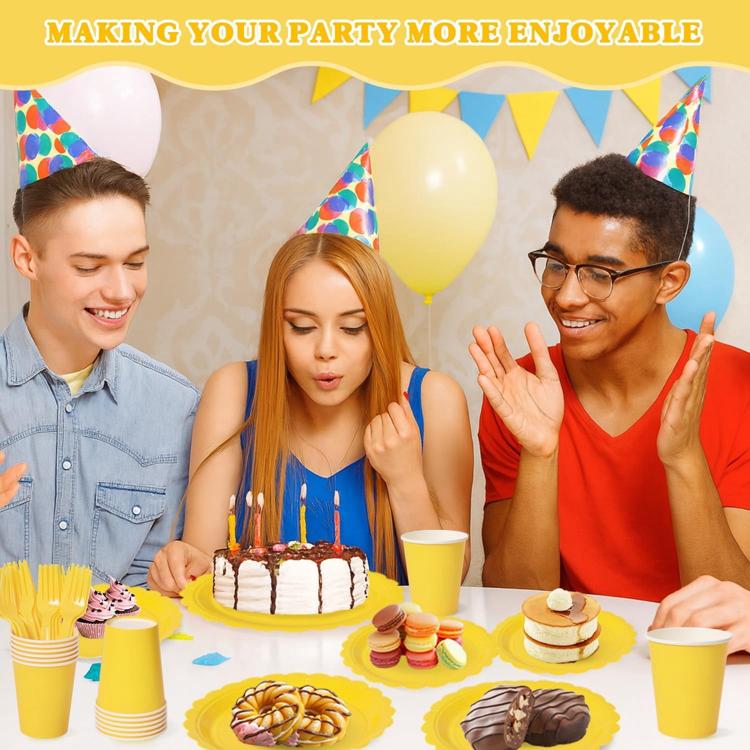 350 Pcs Yellow Disposable Paper Plates and Napkins Set for 50, 9" Dinner Plates & 7" Dessert Plates, Tableware for Birthday, Baby Shower, Picnic, Party
