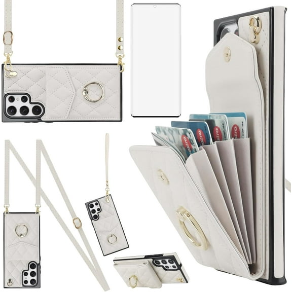 Phone Case for Samsung Galaxy S22 Ultra 5G Wallet Cover with Tempered Glass Screen Protector and Crossbody Ring RFID Blocking Card Holder Cell S22ultra 22S S 22 S22ultra5g 6.8 Women Off White