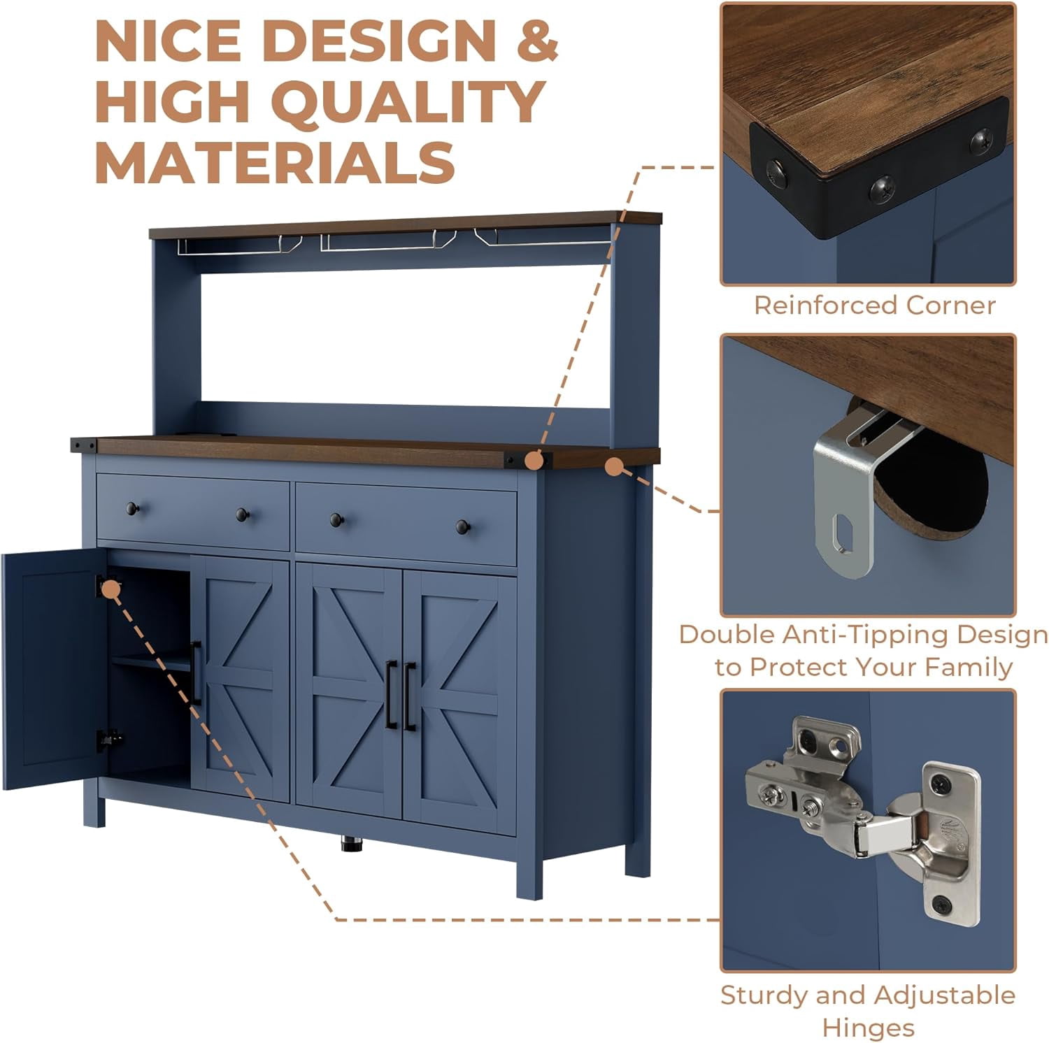 HAUXITIO Storage Cabinet Buffet with Drawers and Charging Station,Coffee Bar Cabinet,Sideboard with Barn Doors,Wine Rack and Hooks,Blue