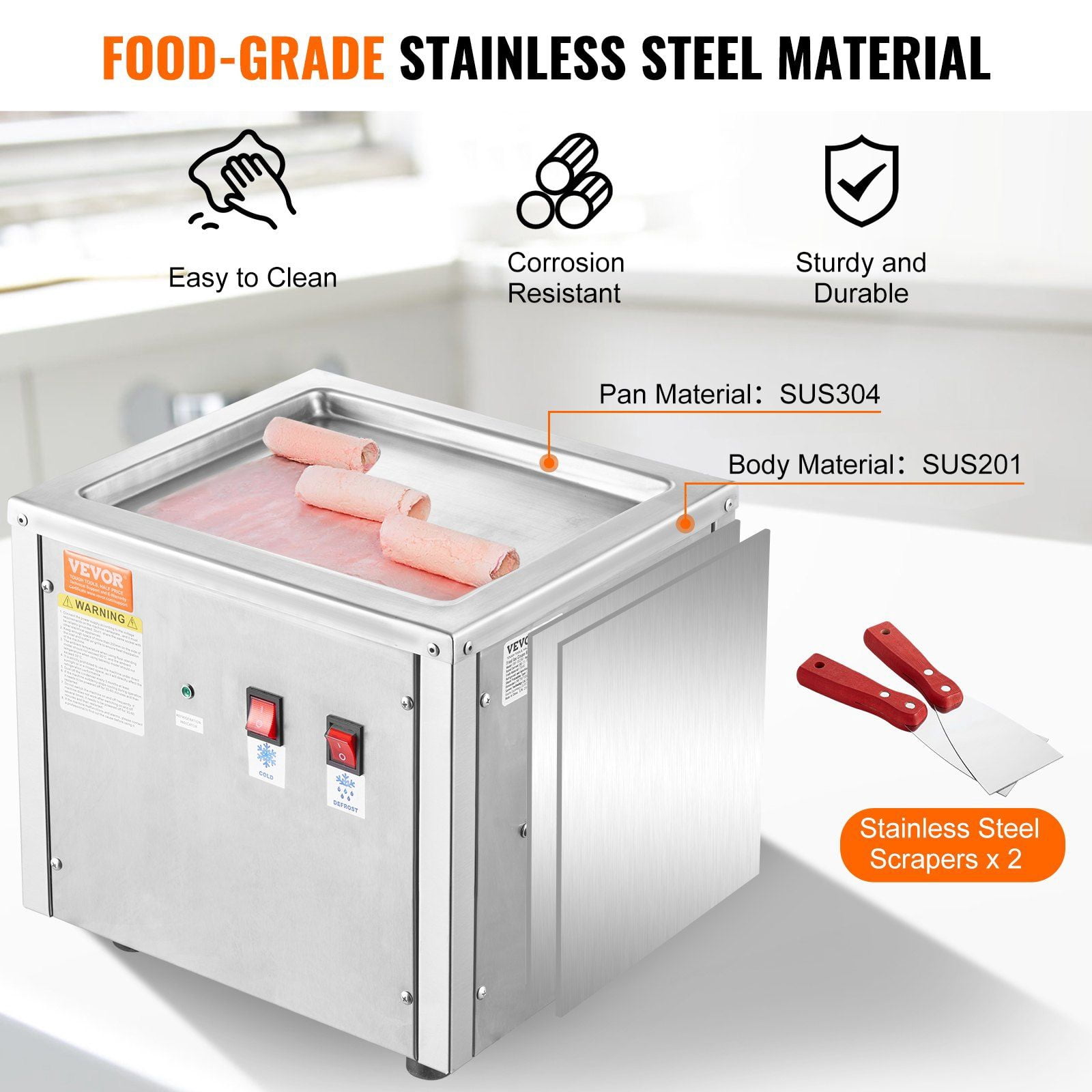 Commercial Rolled Ice Cream Maker Machine, 11x9.5 Inch Stir-Fried Ice Cream Pan with Compressor, Stainless Steel Ice Cream Roller for Shops, Frozen Yogurt & Dessert – 2 Scrapers Included