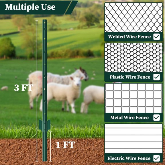 10 Pack Heavy Duty Metal U-Post for Garden Fencing, No Temporary Stakes, Green