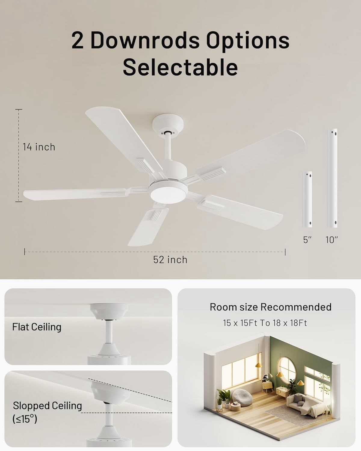 DESINO 52 Inch Ceiling Fan with Light and Remote/APP, 6-Speed, 5 Reversible Blades, Dimmable, Super Quiet, White