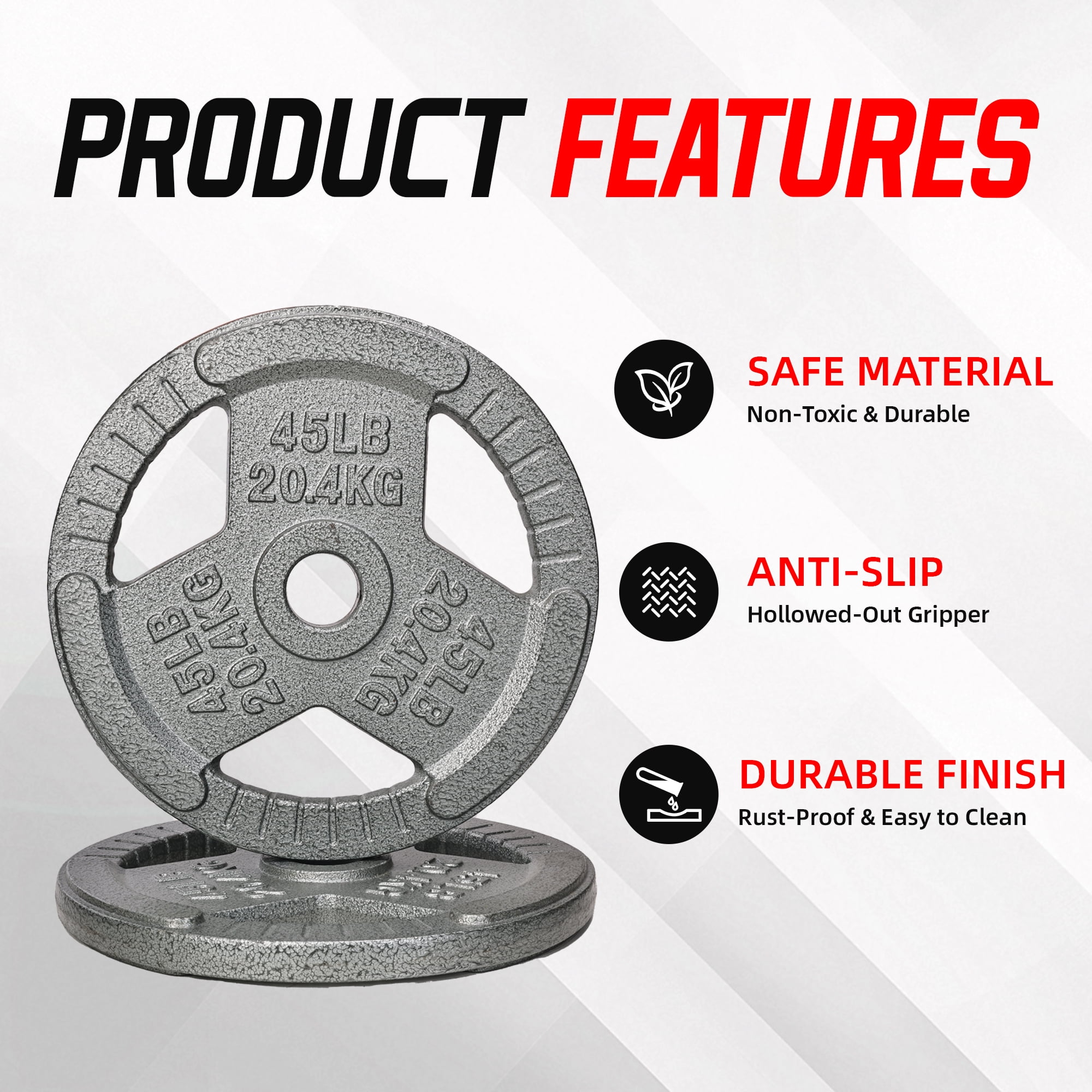 Signature Fitness 2-Grip Olympic Cast Iron Weight Plates, 2-Inch Hole, 2.5LB–45LB, Black with Silver Lettering