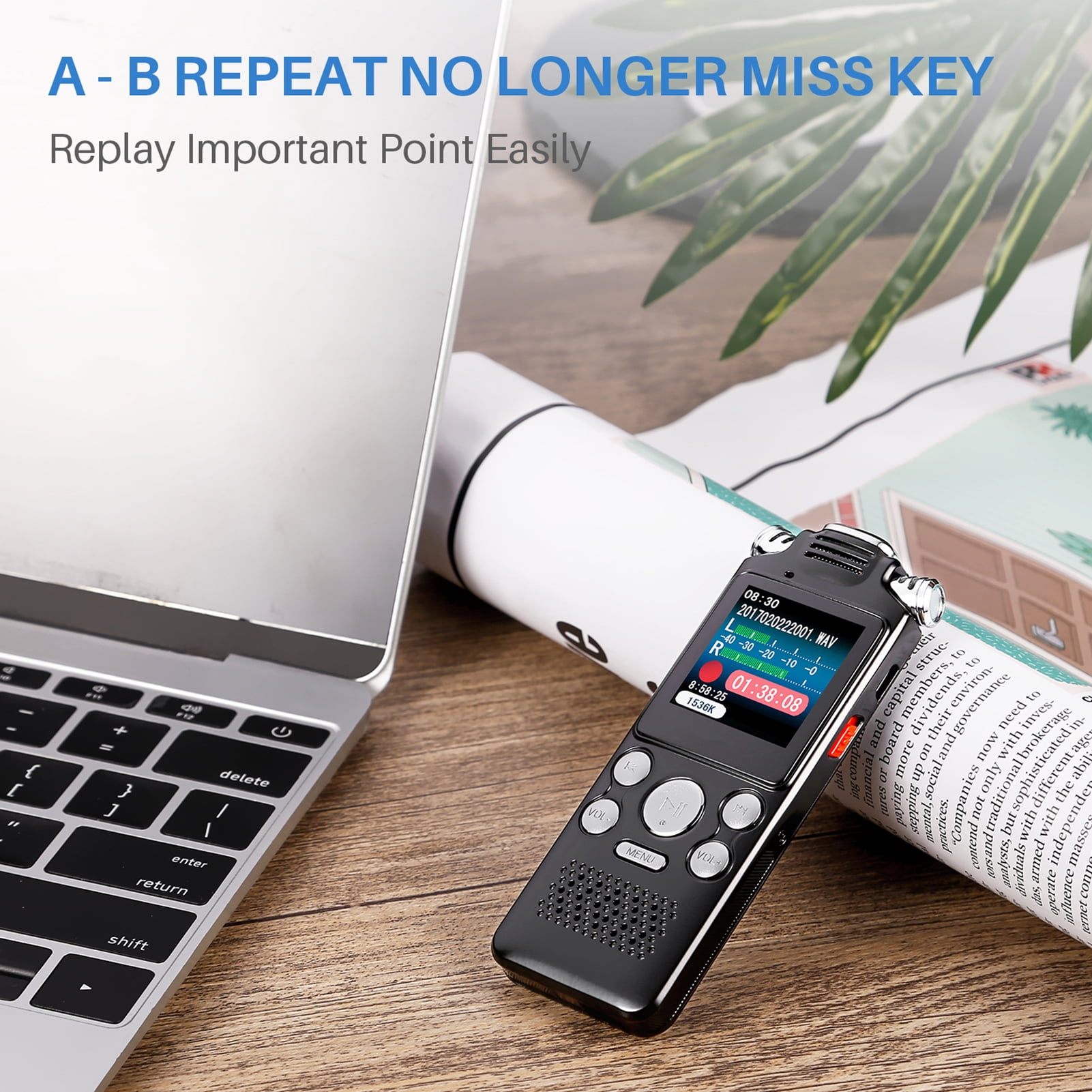 Andoer 8GB Voice Recorder Noise Cancelling Audio Recorder Double Microphone for  Voice Activated Recording Metal Case
