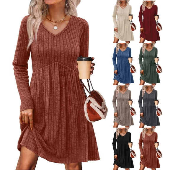 Women's Dress Long Sleeve V-Neck High Waist Elastic Ribbed Striped with Pocket Midi Dress for Spring Fall Casual,Beige,L
