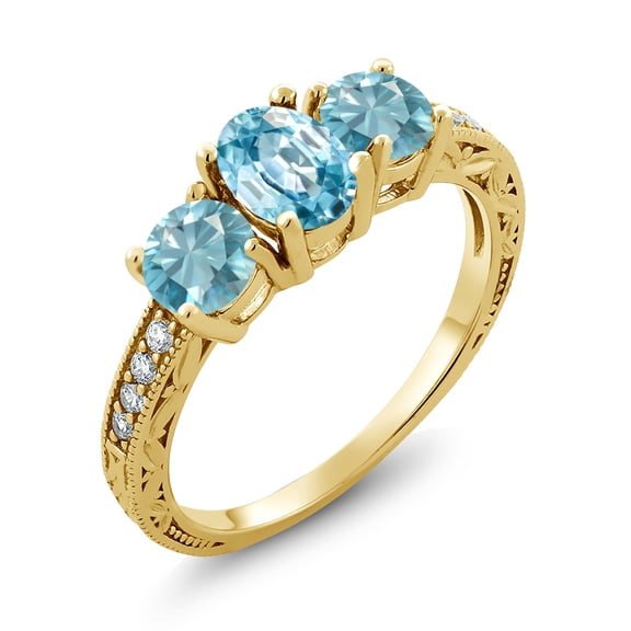 Gem Stone King 3.07 Ct Oval Blue Zircon 18K Yellow Gold Plated Silver Moissanite Ring (Size 9)