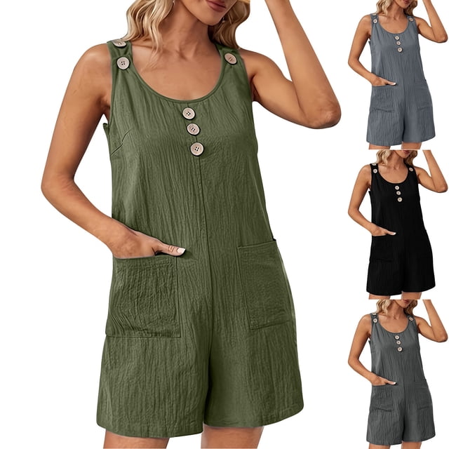 Lovzfmll Combinaison pour Femmes, Col Rond Sans Manches avec Boutons et Poche, Barboteuse Courte Décontractée à Jambe Grand Vert Armée, P