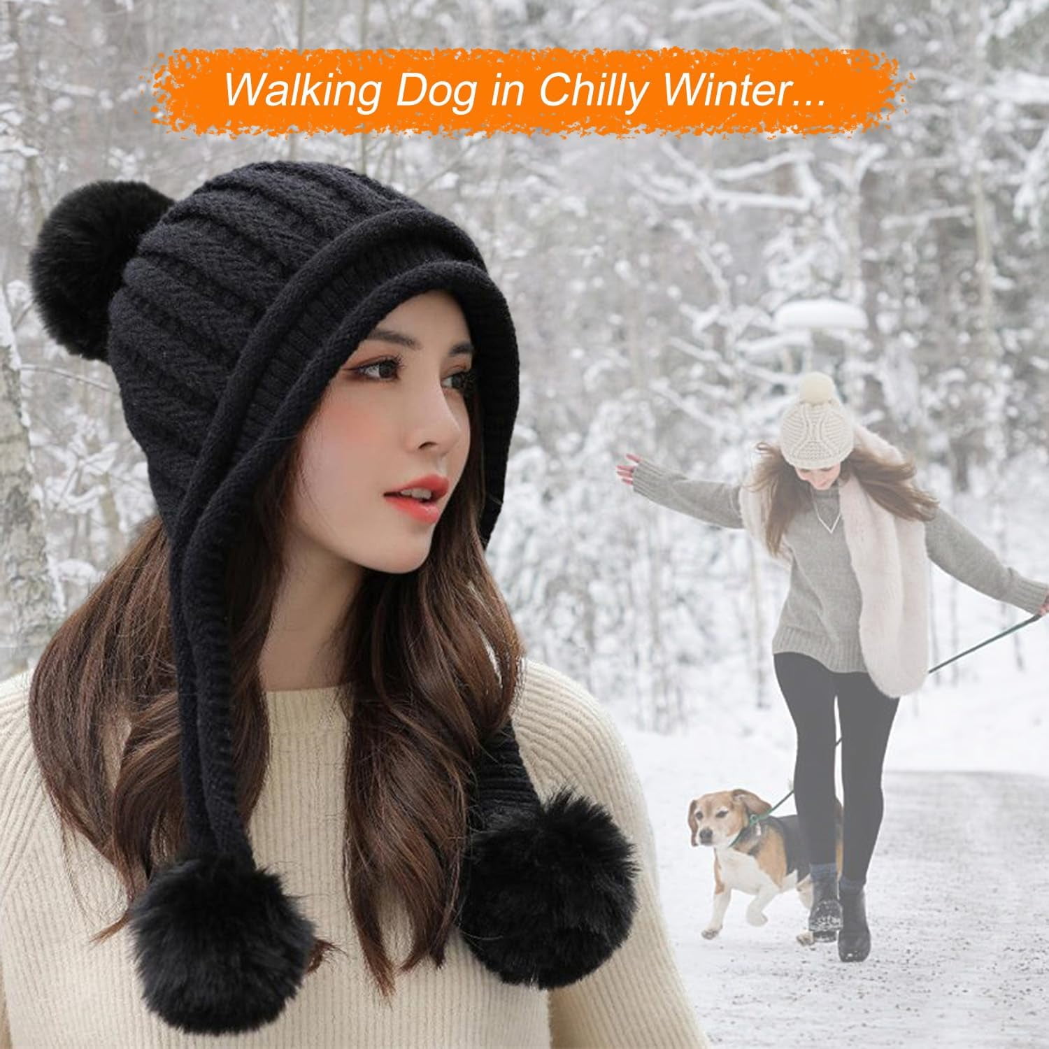 Zhengup Women Winter Beanie Hat Circle Scarf Set Pompoms Peruvian Ski Snow Ear Flaps Sherpa Knit Hats Fleece Lined,S to M Size Head