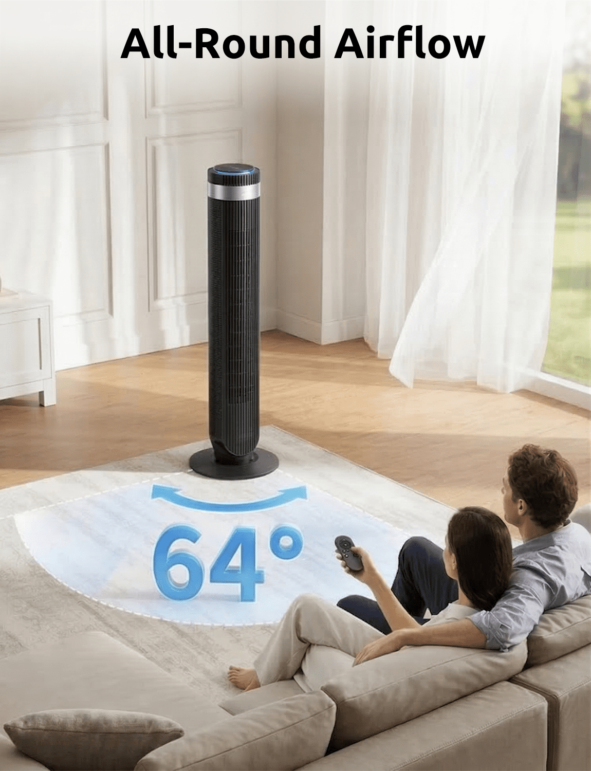 35" Bladeless Tower Fan - Ultra-Quiet 28dB for Bedroom Sleep 25 ft/s High Velocity Cooling w/ Remote 64° Wide Oscillation, 12H Timer, 5 Speeds, 4 Modes LED Display Standing Floor Fan - Black