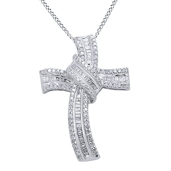 Round Cut White Natural Diamond Intertwine Cross Pendant Necklace In 14K White Gold Over Sterling Silver (0.5 Ct) By Jewel Zone US