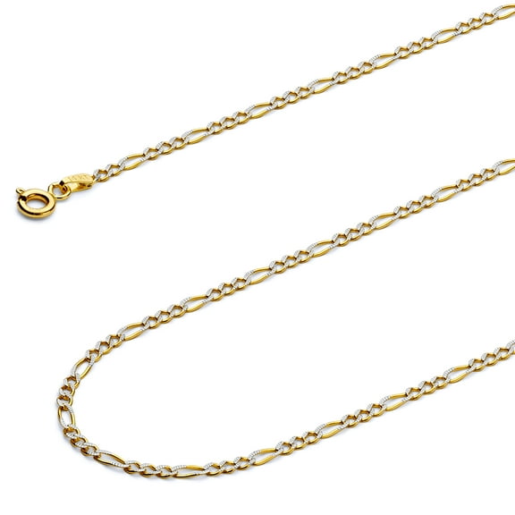 Wellingsale 14k Two Tone Yellow and White Gold Polished Solid 2.1mm Figaro White Pave Diamond Cut Chain Necklace with Spring Ring Clasp - 18"