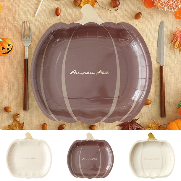 Juego de platos de papel de calabaza de Halloween | Lámina de oro desechable estampada en caliente | Pack de 10 | Cartón blanco resistente | 7 pulgadas | Café, beige, blanco | Decoración de la mesa