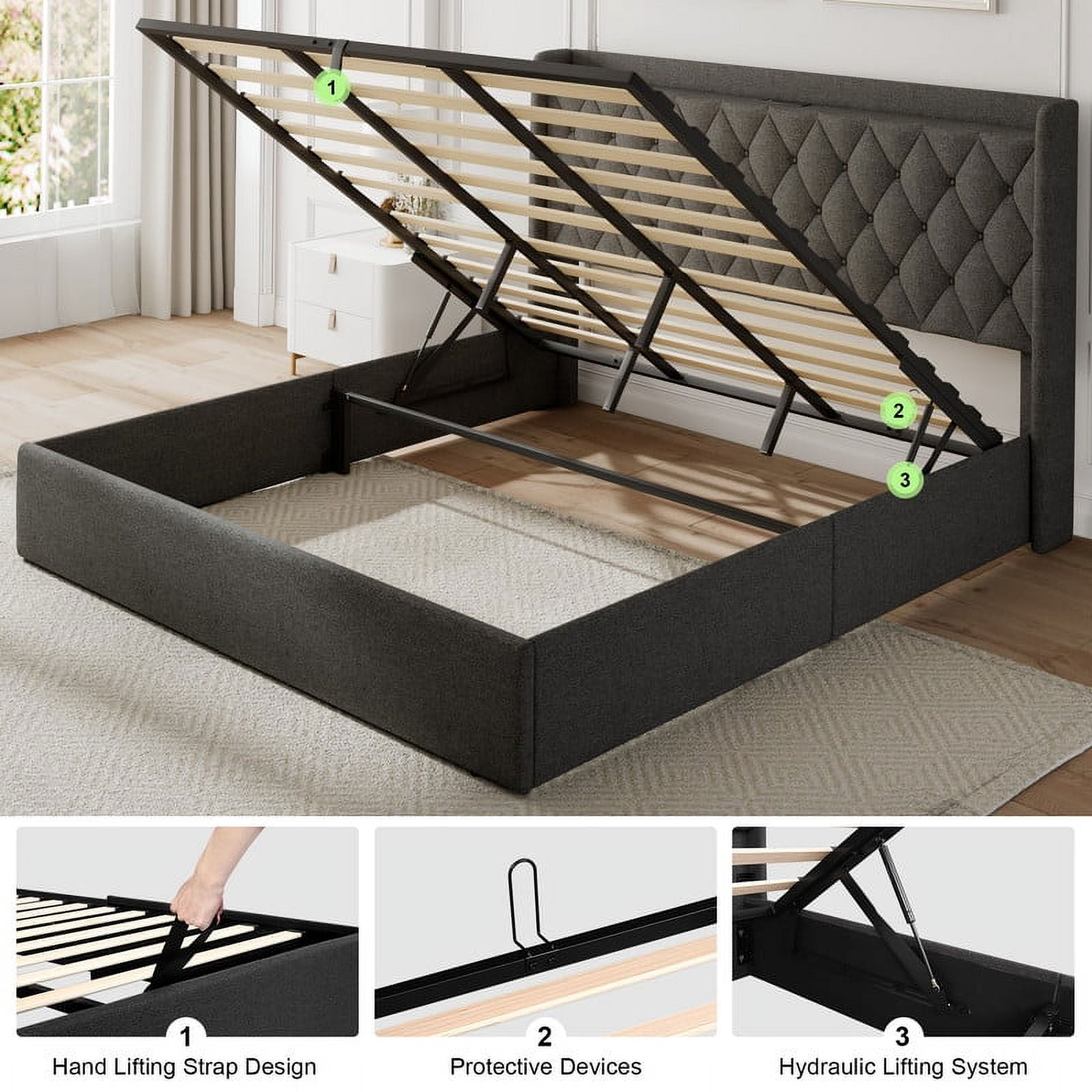 iPormis King Size Bed Frame with Lift Up Storage & Charging Station, Button Tufted Wingback Upholstered Headboard, Wooden Slats Support, No Box Spring Needed, Noise Free, Dark Grey